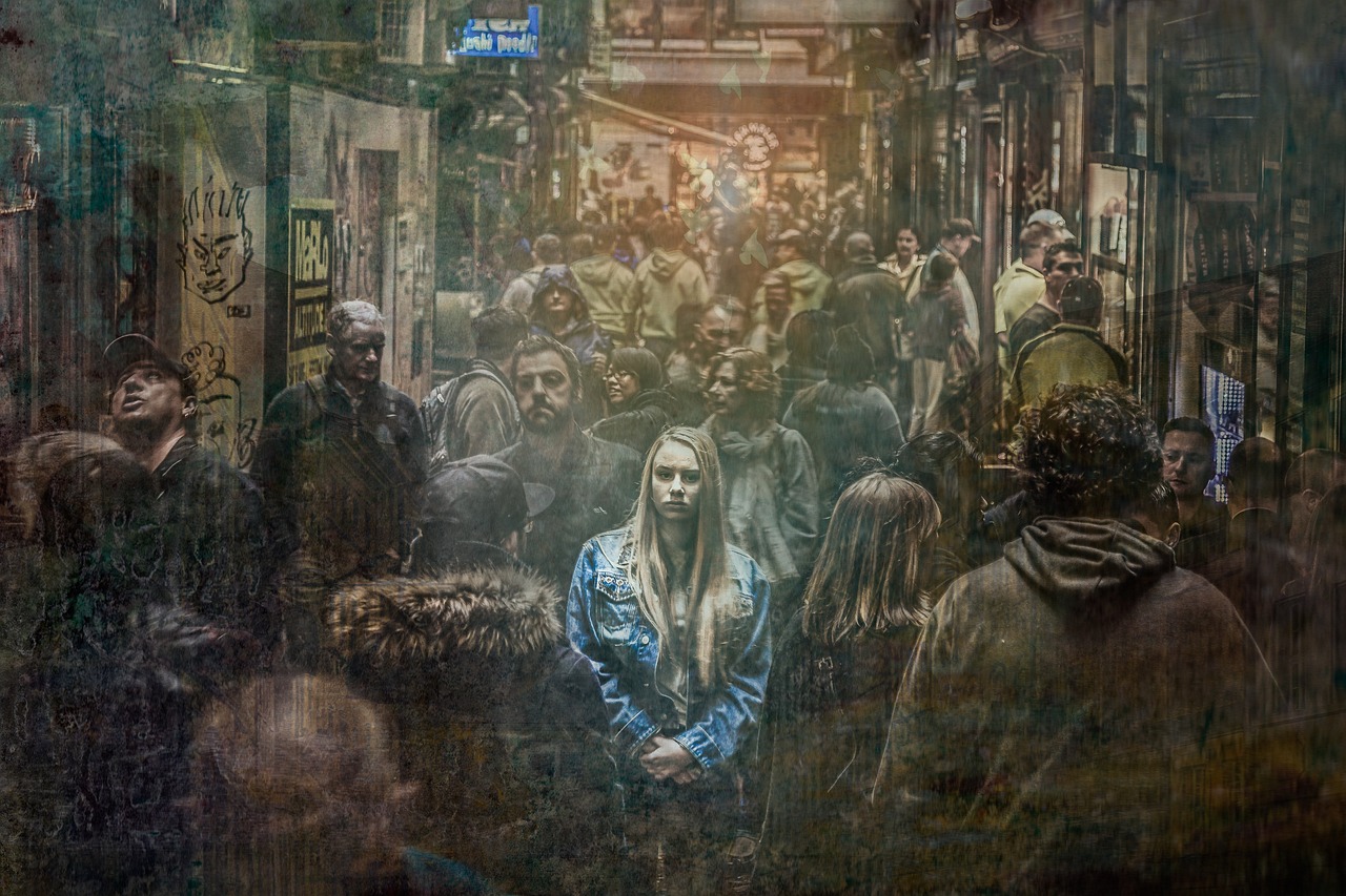 woman, alone, crowd
