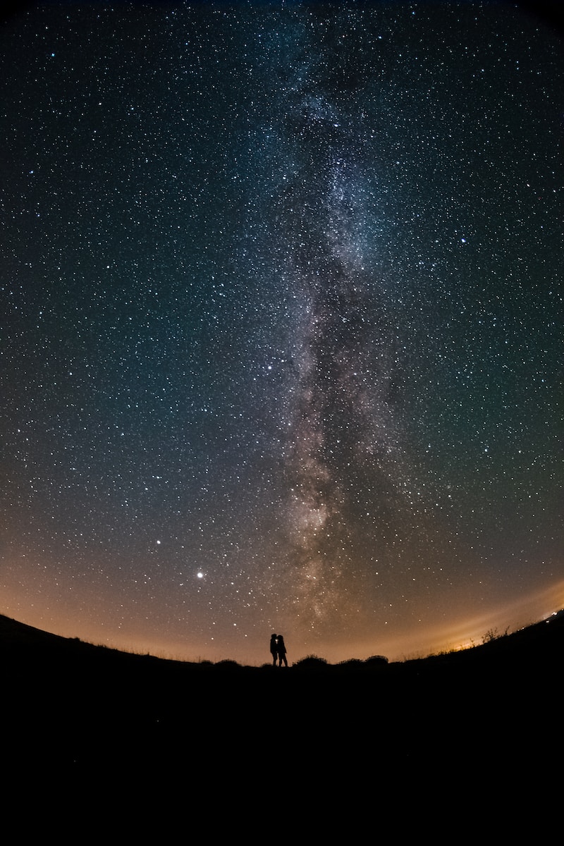 silhouette of 2 people standing under starry night