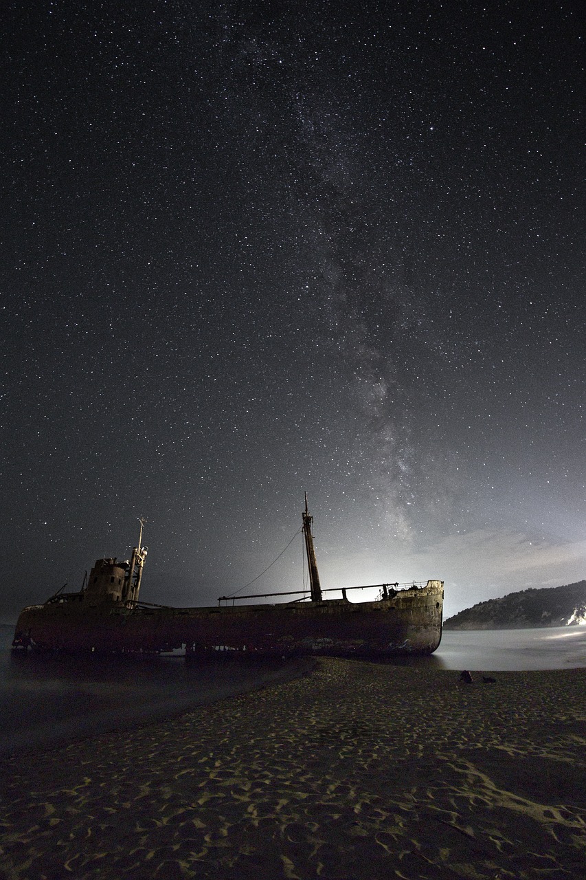 shipwreck, milky way, sea